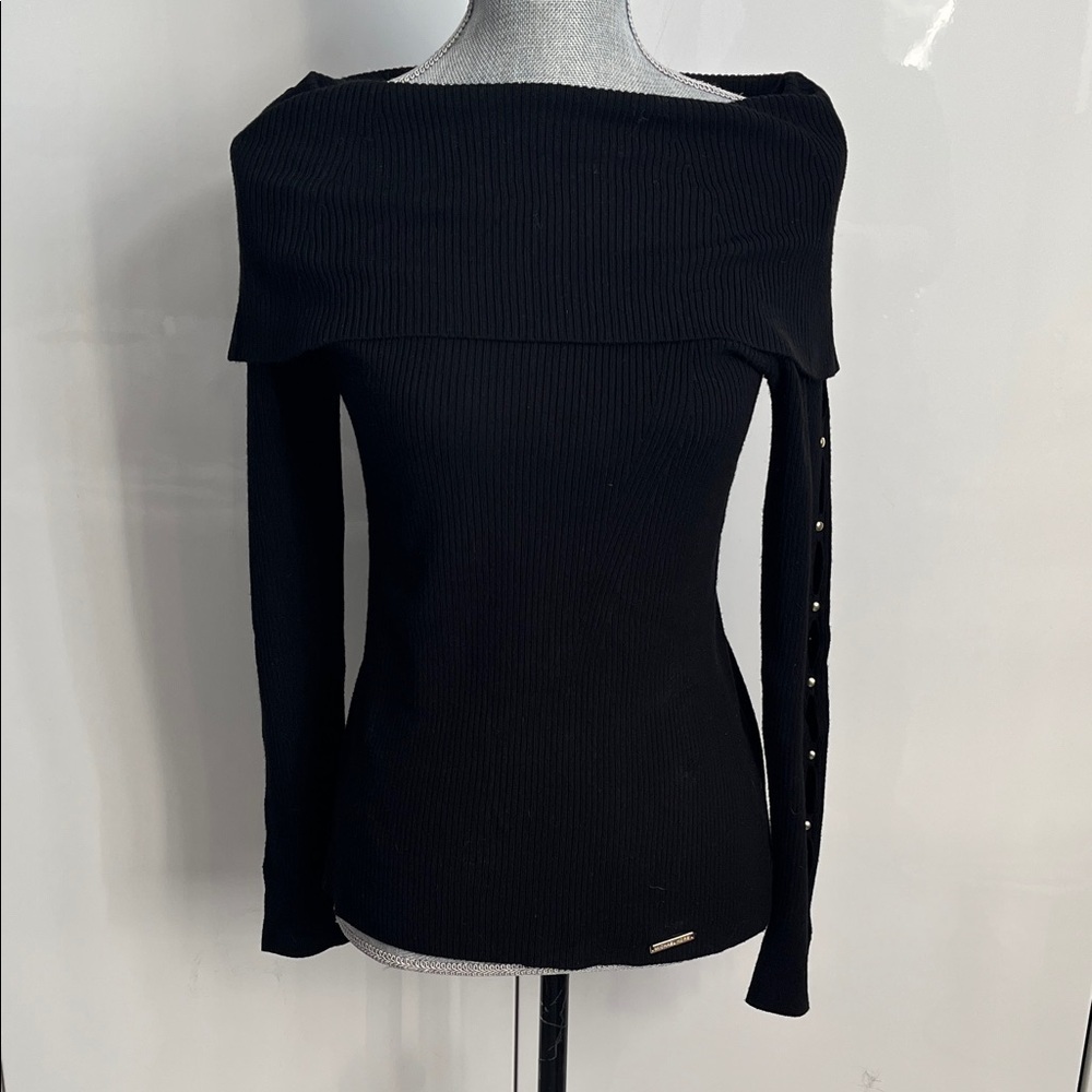 MICHAEL KORS Black Off-Shoulder Sweater Gold Grommet Cutout Arms, Size M